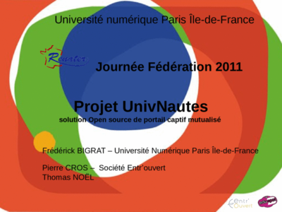 Journée Fédération 2011 Projet UnivNautes solution Open source de portail captif mutualisé Université numérique Paris Île-de-France Frédérick BIGRAT –